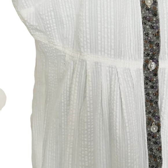 Free People White SeerSucker Blouse Sz 8 Button Tunic Top Floral Trim L/S White - Picture 3 of 13